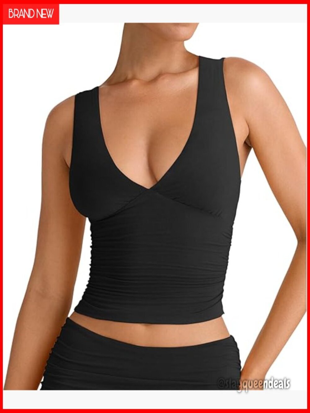 Summer Deep V-Neck Ruched Crop Tank Top Sleeveless Slim Fit